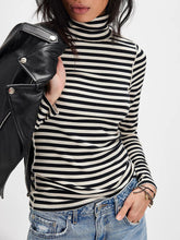 Exposed Seam Striped Turtleneck Long Sleeve T-Shirt Black white OutfitFlow
